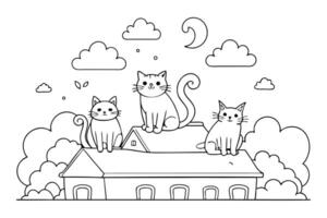 Cute Cats on Roof Outline with Moon and Clouds in Transparent Background, Simple Design vector
