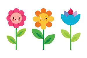 Set of Three Colorful, Cute Flower with Happy Face, Cartoon Style Design vector