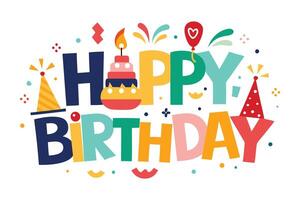 Birthday Celebration with Colorful Lettering Cake and Party Hats on White Background vector