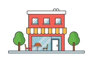 Cute TwoStory Red Building with Trees, Awning, Door, Windows on White Background vector
