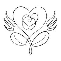 Elegant Flying Heart with Wings and Leaves Outline Style on Transparent Background vector