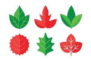 Six Flat Design Colorful Leaves, Green and Red Foliage on Transparent Background vector
