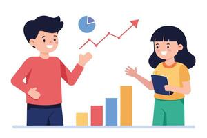 Cheerful Man and Woman Discussing Growth Chart with Colorful Bar Graph on White vector