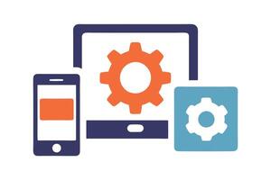 Computer and Mobile Phone Device with Cogwheel, Gears Flat Styled Isolated vector