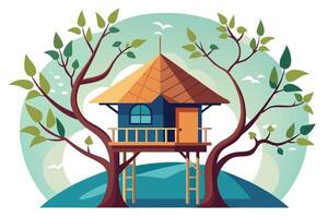 Stilt House in Woods, Cabin Elevated, Trees, Ladder, Simple Design vector