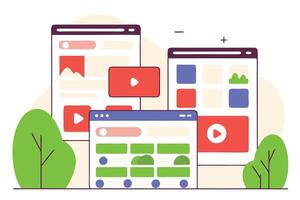 Trendy flat web interface templates with navigation, play buttons and trees around vector