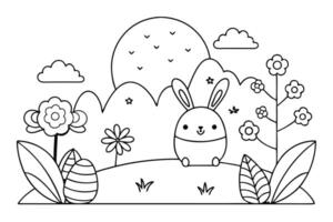 Cute Bunny Surrounded By Flowers and Mountain with Transparent Background vector