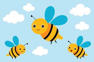 Cartoon Bees Flying with Clouds in Blue Sky Background, Whimsical vector