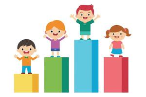 Cheerful Cartoon Children on Colorful Blocks with Raised Arms on White Background vector