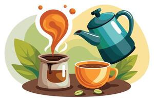 Coffee Pot Pouring into Mug with Steam and Beans Flat Style with Transparent Background vector