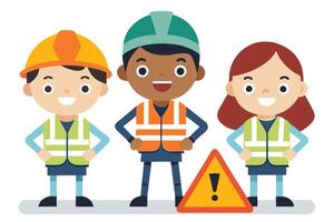 Smiling Cartoon Workers with Safety Helmets, Vests and Warning Sign on White Background vector