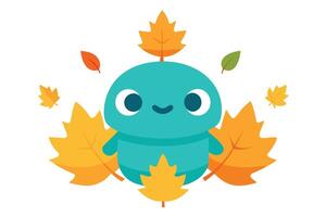 Cartoon Teal Character with Autumn Leaves on White Background vector