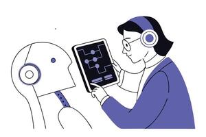 Woman with Tablet Interacting with Robot on White Background Minimalist Design vector