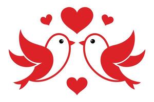 Two Red Love Birds Touching Beaks Surrounded by Hearts on White Background vector