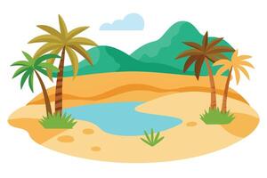Scenic Desert Oasis Landscape with Palm Trees, Water, and Distant Mountains vector