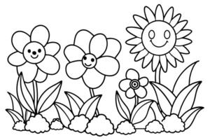 Smiling Flowers Outline Cartoon Style with Leaves and Soil, White Background vector