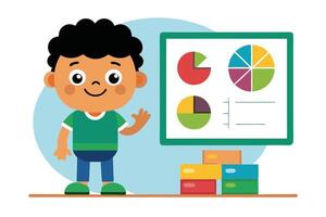 Cheerful Cartoon Boy Presenting Pie Charts in a Bright Educational Setting vector