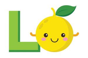 Fun Lemon Character Cartoon with Green Letter L on White Background vector