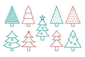 Christmas Tree Icons Set, Teal and Red Holiday Pine Trees, Outlined on White vector