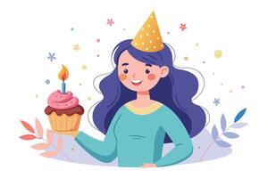 Smiling Woman with Party Hat Holding Cupcake with Candle in Cartoon Style vector