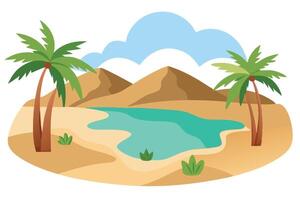 Desert Oasis Cartoon with Palm Trees, Sand Dunes, Lake and Sky With Clouds vector