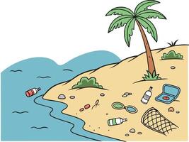 Cartoon Beach with Palm Tree, Polluted Water, and Scattered Trash on Sand vector