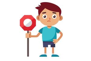 Cartoon Boy with Stop Sign on a White Background Holds Stick with Serious Face vector