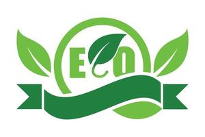 Green ECO Text Design With Ribbon, Circle and Leaves on White Background vector