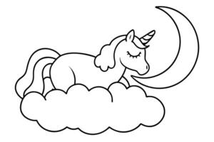 Outlined Unicorn Laying on Cloud with Moon Isolated on White Background vector