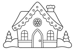 Outlined Gingerbread House with Trees, Door, and Circular Details on White vector
