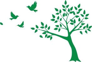 Green Tree Silhouette With Birds Flying on White Background Design vector