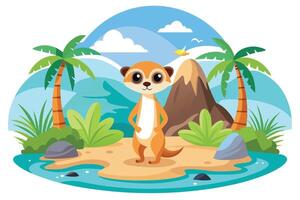 Cartoon Meerkat Standing on Beach with Palm Trees and Mountain Landscape vector