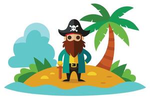 Cartoon pirate character standing on a sandy island with palm tree flat vector