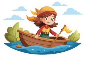 Cartoon Smiling Girl in Boat with Paddle on Water with Transparent Background vector