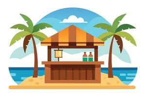 Beachfront Kiosk with Palm Trees, Ocean, Sky and Sand, Flat Style vector