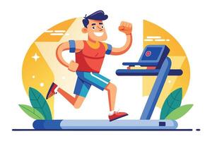 Cartoon Man Running on Treadmill Machine, Red Top, Blue Shorts, Flat Design vector