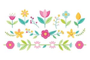 Cartoon Spring Flower Set with Leaf and Branch in Cute Flat Style on White Background vector