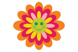 Cheerful Flower with Smiling Face in Retro Style on White Background vector