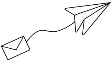 Outline Art Flying Paper Airplane Connected with Envelope on Transparent vector