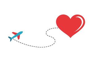 Airplane Flying Towards Red Heart Symbol with Dotted Line on White Background vector