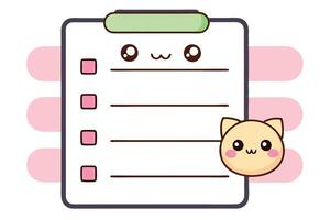 Cute Kawaii Clipboard with Cat Face, Checklist Style, Checkboxes and Blank Lines vector