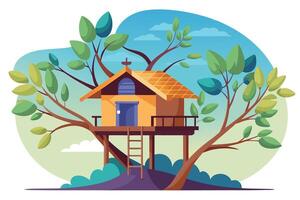 Treehouse with Ladder, Wood Balcony, Stylized Sky, and Lush Greenery vector