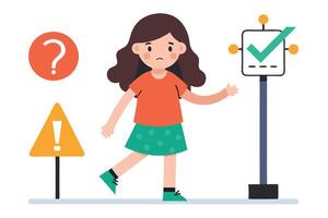 Confused Brunette Girl Navigating Between Question, Warning and Correct Icon Set vector