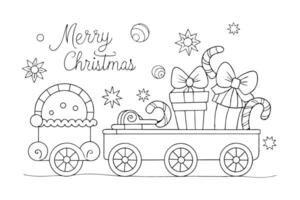 Festive Outline Train Carriage with Gifts and Sweets on White Background vector