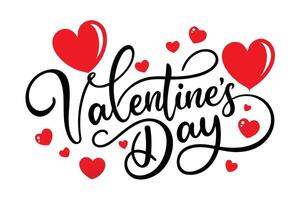 Valentines Day Text with Red Hearts Isolated on White Background Calligraphic vector