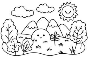Outlined Mountains, Smiley Sun, Clouds, Trees and Hills on Transparent Background vector