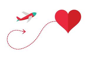 Airplane Flying to Red Heart with Dotted Route on White Backdrop Minimalist Design vector