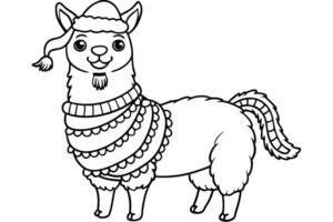 Outlined Llama with Santa Hat and Festive Scarf Cute Line Art Style Design vector