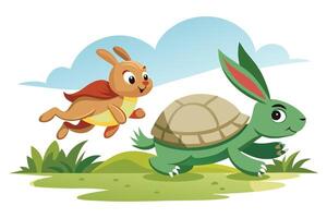 Cartoon HareTurtle Race with RedCape Bunny, Running on Green Grass Field vector