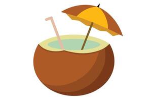 Coconut with a Straw and Tiny Umbrella on Transparent Background vector